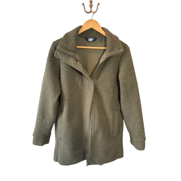 Lands End Womens Medium Olive Green Sherpa Fleece Coat Jacket Warm Outerwear - Picture 1 of 5
